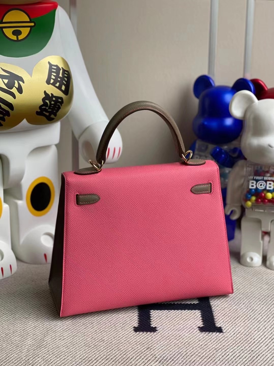 Hermes Kelly 25 HSS 拼色Epsom 8W Rose Azalée 新唇膏粉 18 etoupe 大象灰 金扣