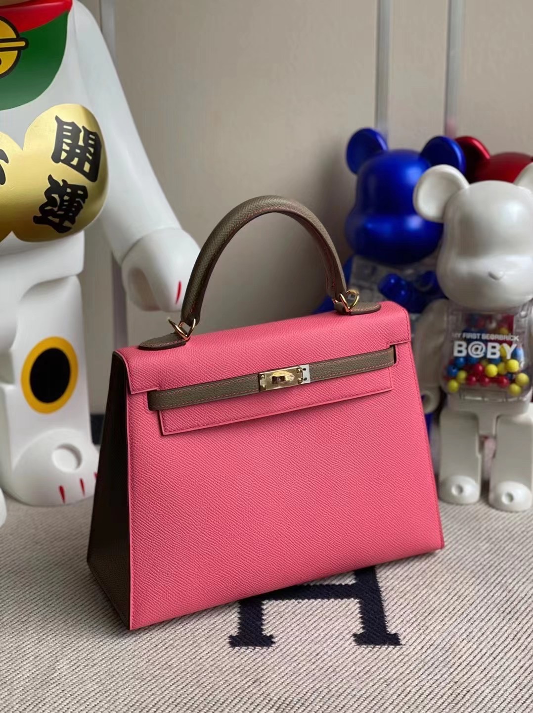 Hermes Kelly 25 HSS 拼色Epsom 8W Rose Azalée 新唇膏粉 18 etoupe 大象灰 金扣