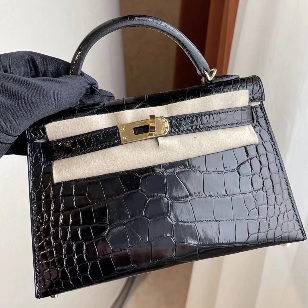 愛馬仕凱莉包二代 Hermes Kelly Mini II 2代 89 Noir 黑色 亮面美洲鱷魚