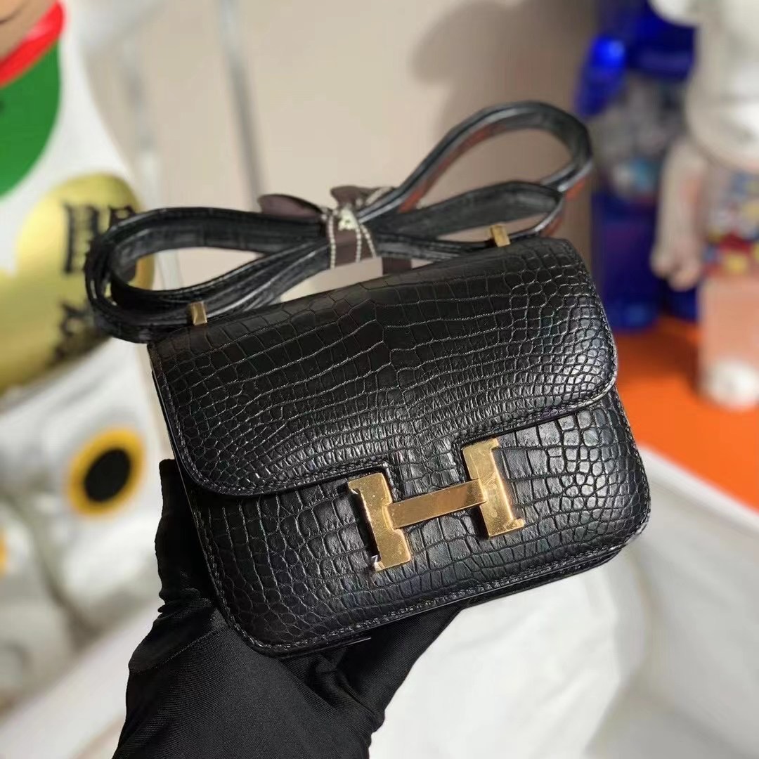 Hermes Constance mini 14cm 霧面美洲鱷魚 CC89 Black 黑色 全手工縫製 金扣