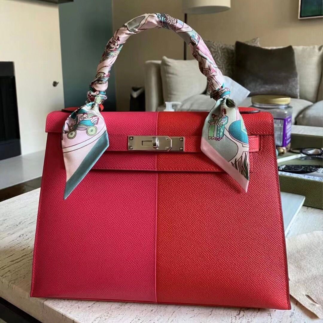 Hermes Kelly28三拼色Epsom I6 Rose Extrême極致粉 S3心紅色 內拼 B3坦桑尼亞藍