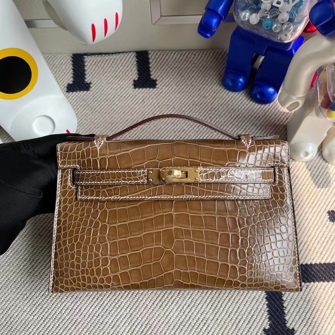 迷你凱莉包一代價格 Hermes Mini Kelly Pochette 17 Ficelle 煙草色 亮面美洲鱷魚