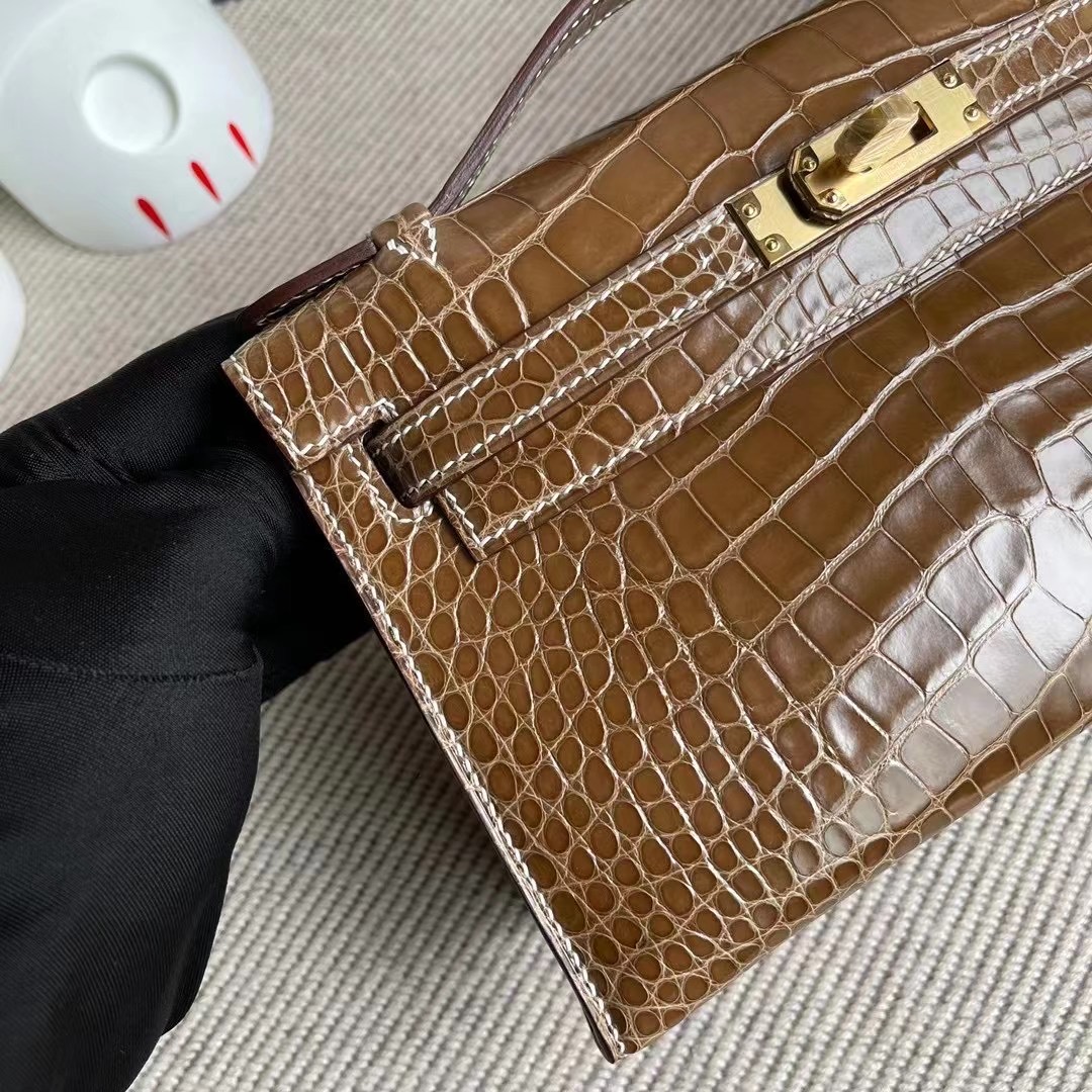 迷你凱莉包一代價格 Hermes Mini Kelly Pochette 17 Ficelle 煙草色 亮面美洲鱷魚