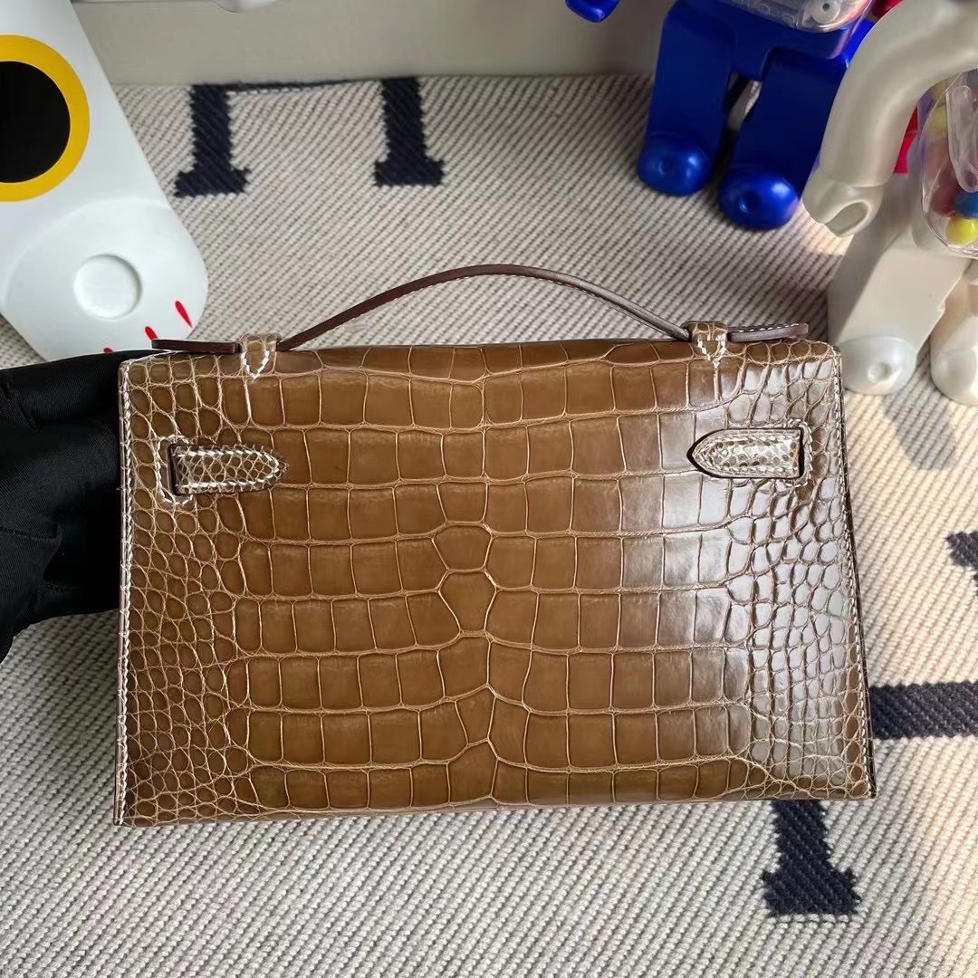 迷你凱莉包一代價格 Hermes Mini Kelly Pochette 17 Ficelle 煙草色 亮面美洲鱷魚