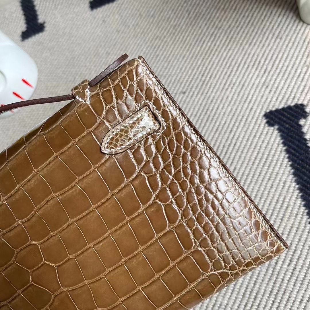 迷你凱莉包一代價格 Hermes Mini Kelly Pochette 17 Ficelle 煙草色 亮面美洲鱷魚