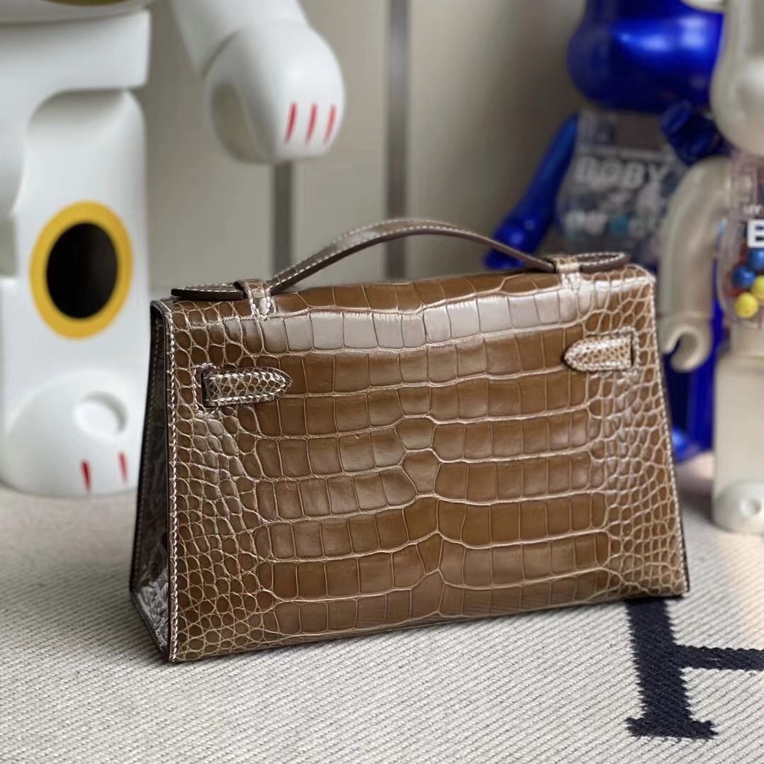 迷你凱莉包一代價格 Hermes Mini Kelly Pochette 17 Ficelle 煙草色 亮面美洲鱷魚