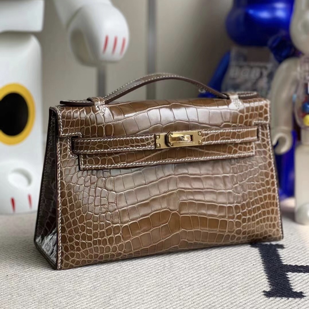 迷你凱莉包一代價格 Hermes Mini Kelly Pochette 17 Ficelle 煙草色 亮面美洲鱷魚