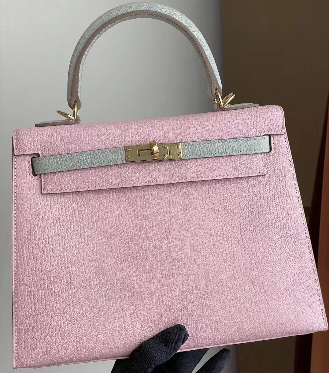 Hermes Kelly 25 3Q Rose Sakura 新櫻花粉 拼 80 Gris Perle 山羊皮 金扣