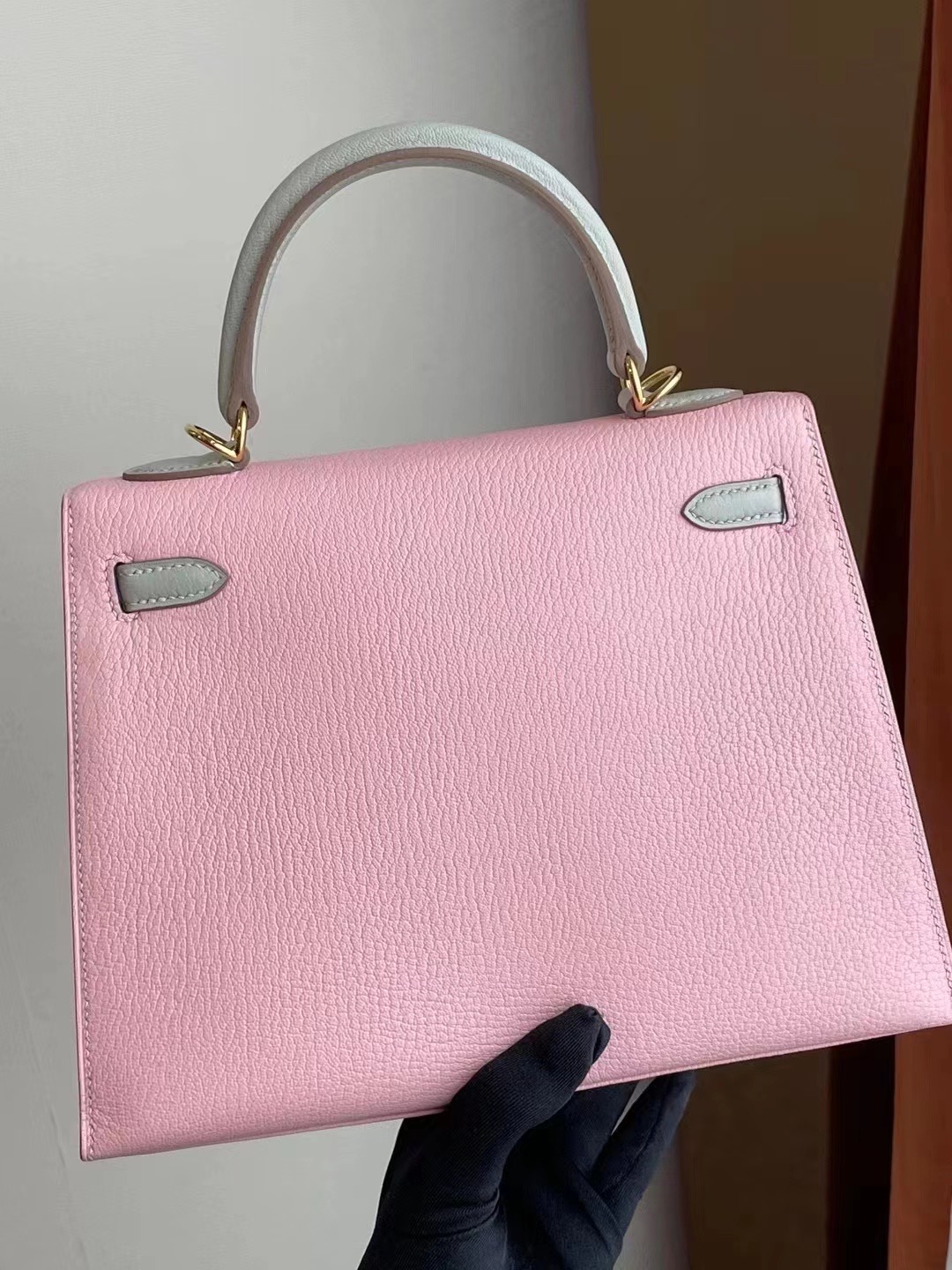 Hermes Kelly 25 3Q Rose Sakura 新櫻花粉 拼 80 Gris Perle 山羊皮 金扣