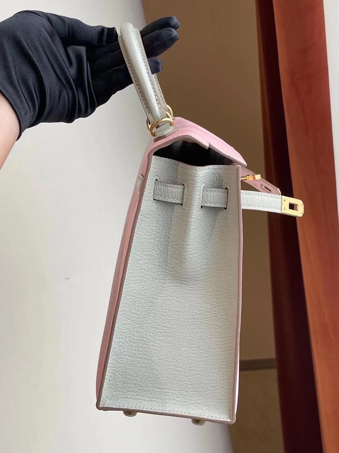 Hermes Kelly 25 3Q Rose Sakura 新櫻花粉 拼 80 Gris Perle 山羊皮 金扣