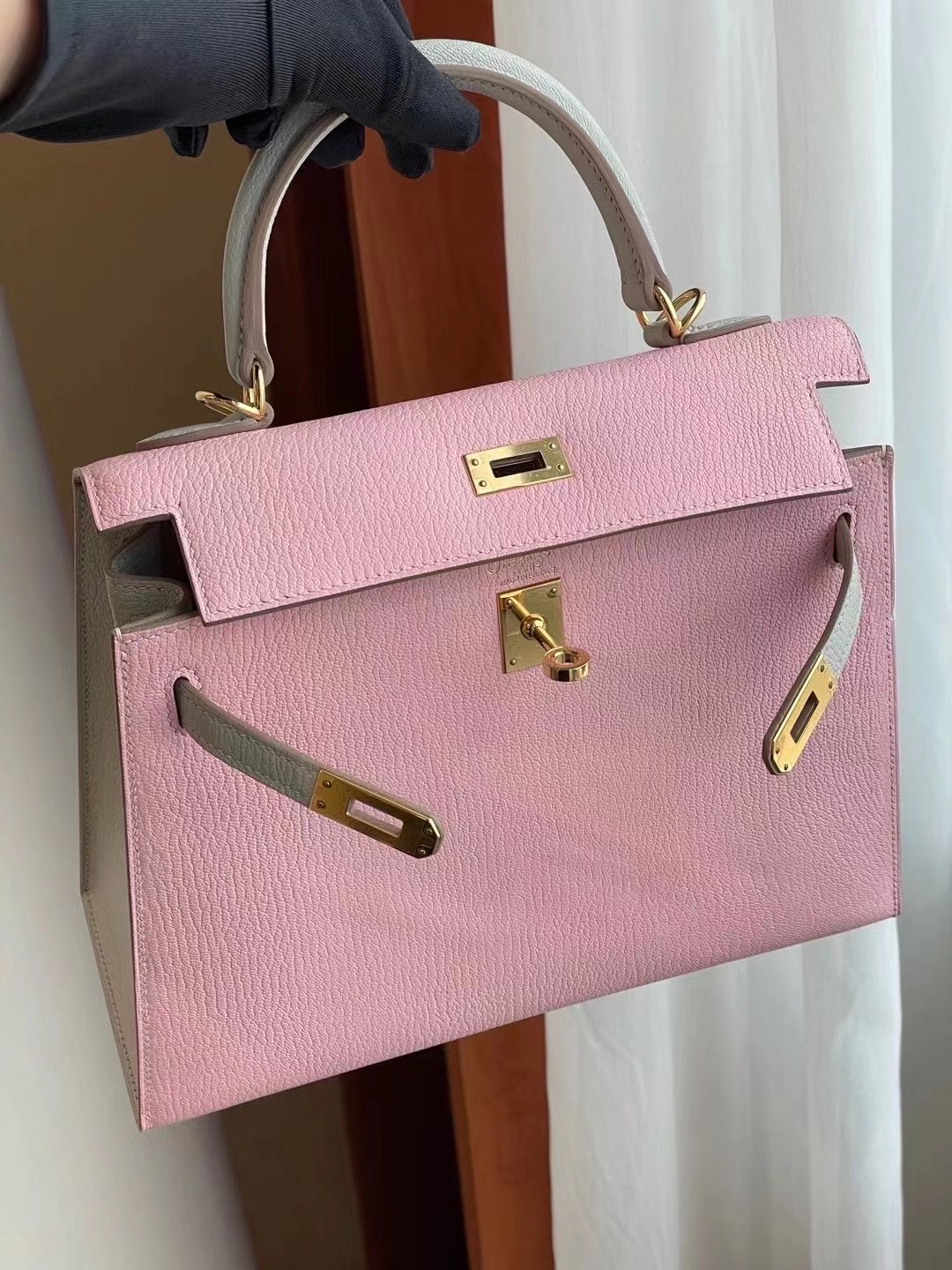 Hermes Kelly 25 3Q Rose Sakura 新櫻花粉 拼 80 Gris Perle 山羊皮 金扣