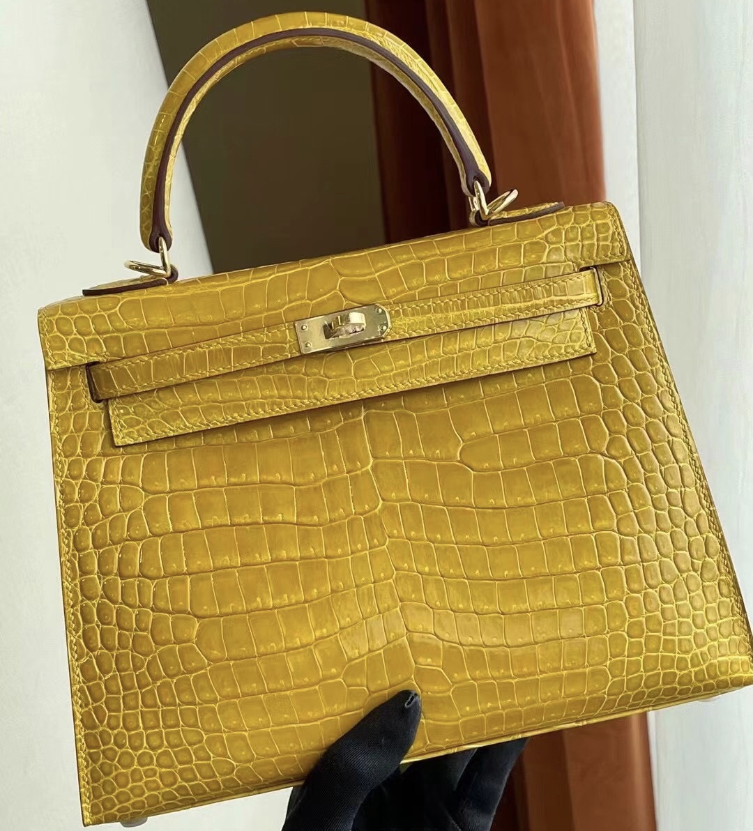 愛馬仕凱莉包25寸價格 Hermes Kelly 25cm 9D 琥珀黃 Amber 亮面灣鱷