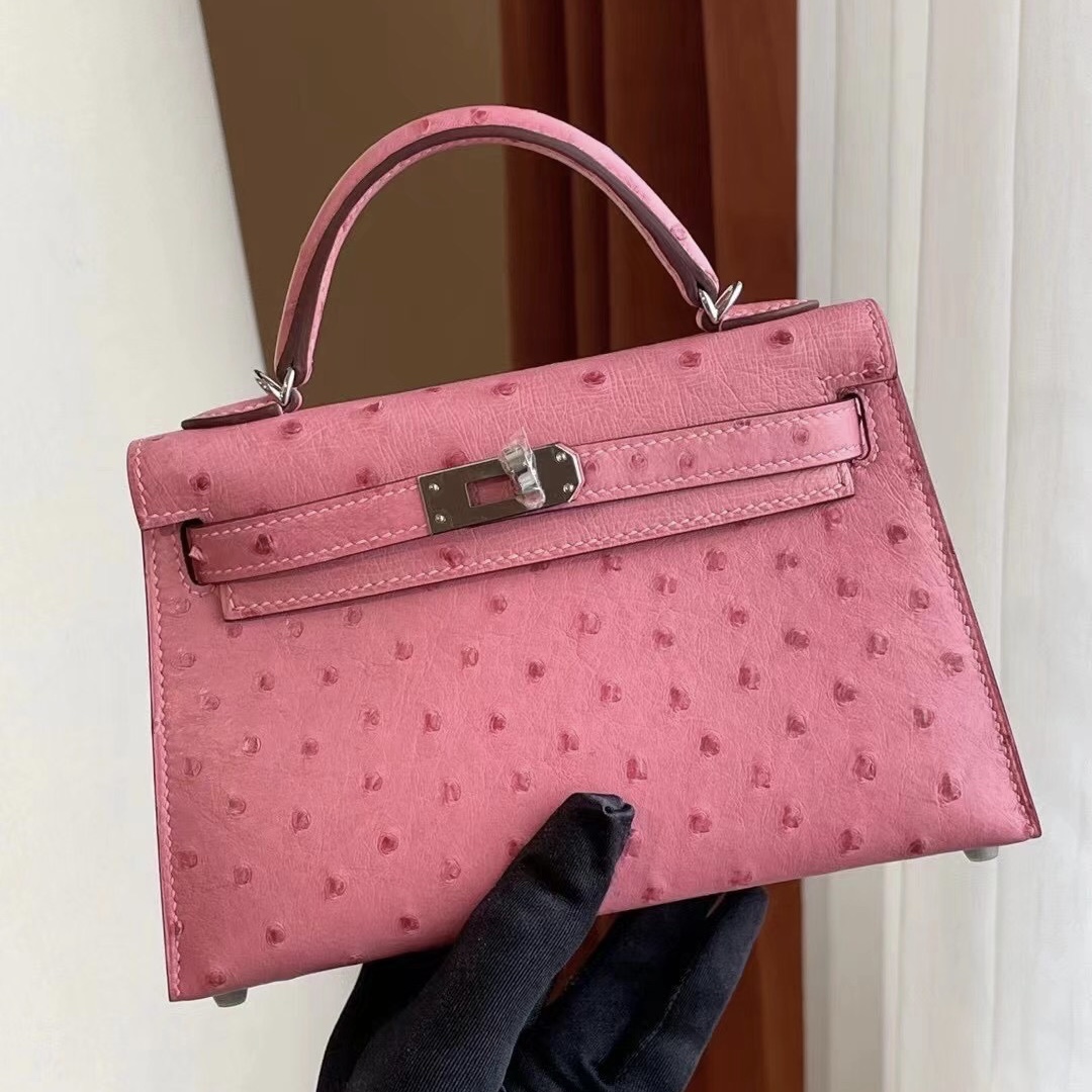 愛馬仕迷你凱莉包2代價格 Hermes Kelly Mini II Ostrich L4 Rose bubblegum 泡泡粉