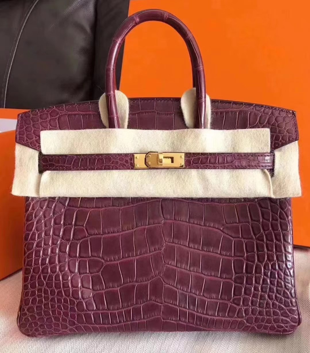 Hermes Birkin 25cm CC57 波爾多酒紅 Bordeaux 霧面方塊 美洲鱷魚