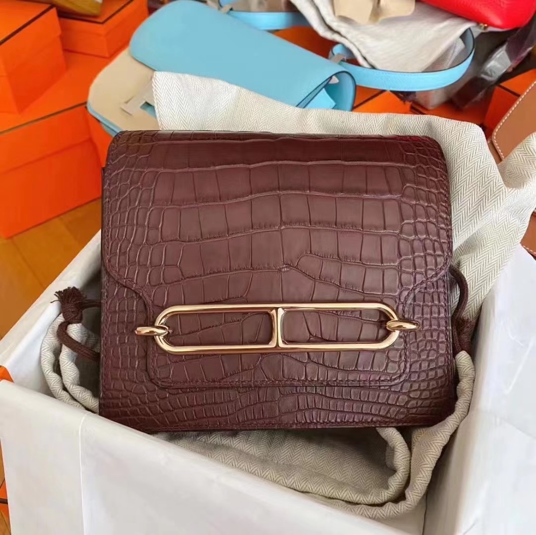 Hermes Roulis mini 57 波爾多酒紅 Bordeaux 霧面方塊 美洲鱷魚