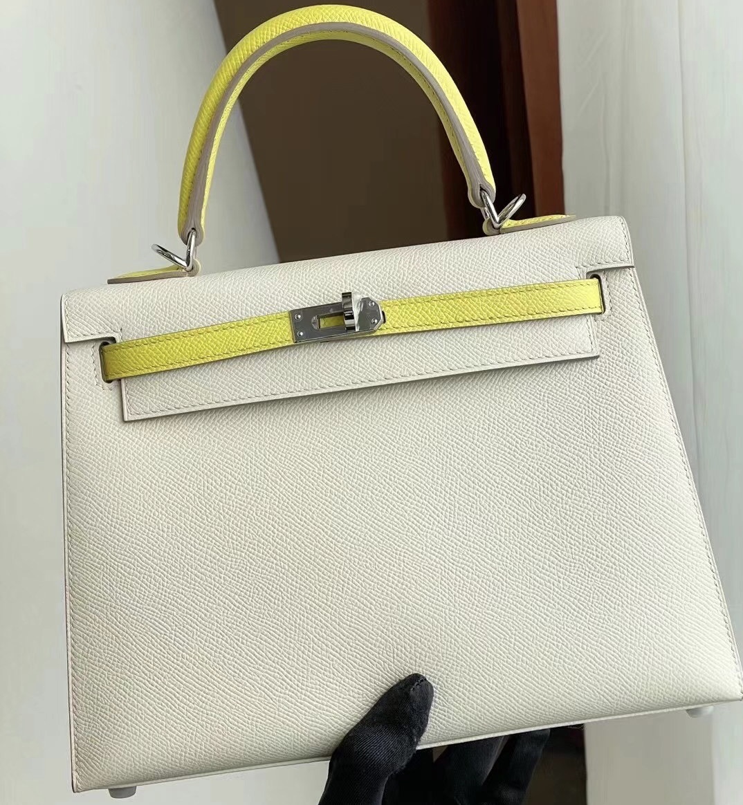 Hermes Kelly 25cm Hss Epsom CK10 Craie 奶昔白 拼 9R Lime 檸檬黃 銀扣