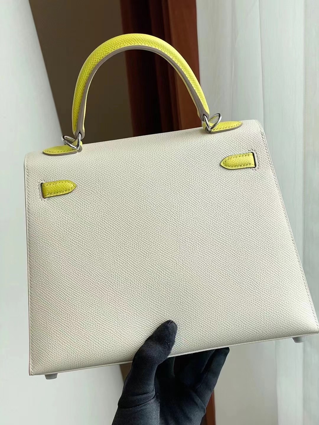 Hermes Kelly 25cm Hss Epsom CK10 Craie 奶昔白 拼 9R Lime 檸檬黃 銀扣