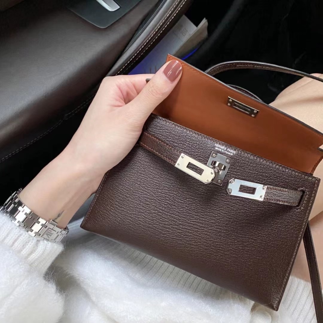 愛馬仕迷你凱莉包 Hermes Kelly II SELLIER MINI 山羊皮 46 Ebene 烏木色 銀扣