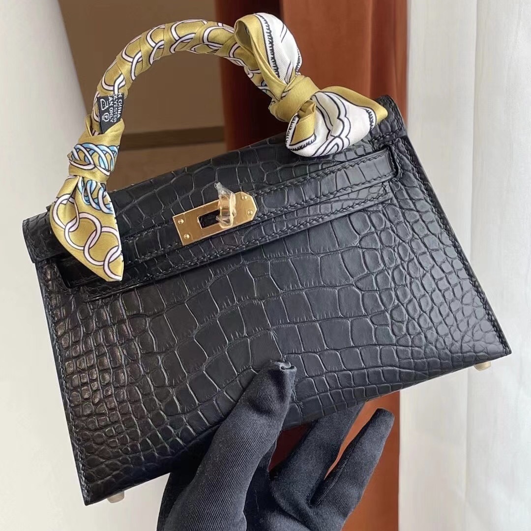 Dubai Hermes Kelly Mini II Matte Mississippiensis Alligator 89 Noir 黑色