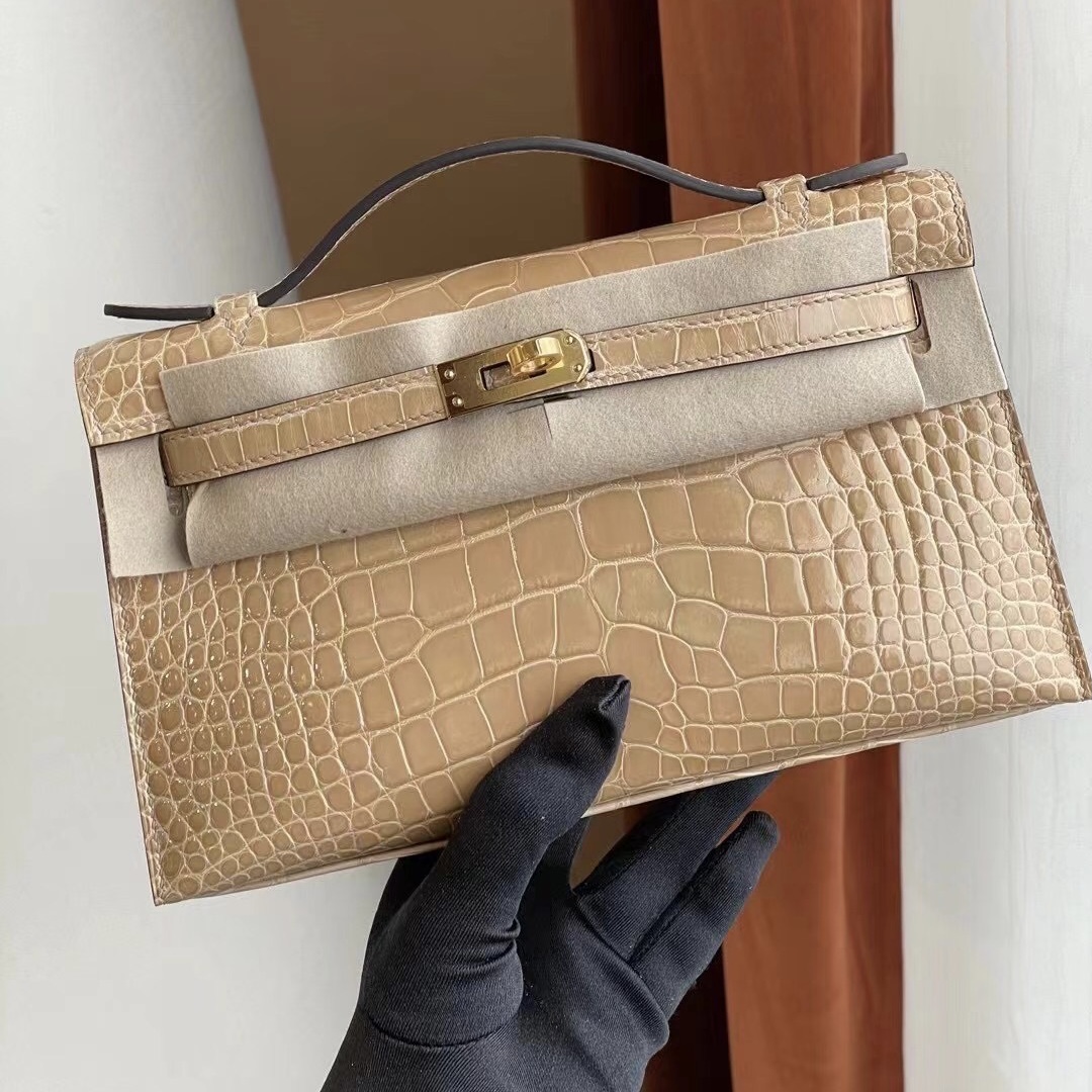 Dubai Hermes MiniKelly Pochette 14 Beige 杏色 亮面美洲鱷魚