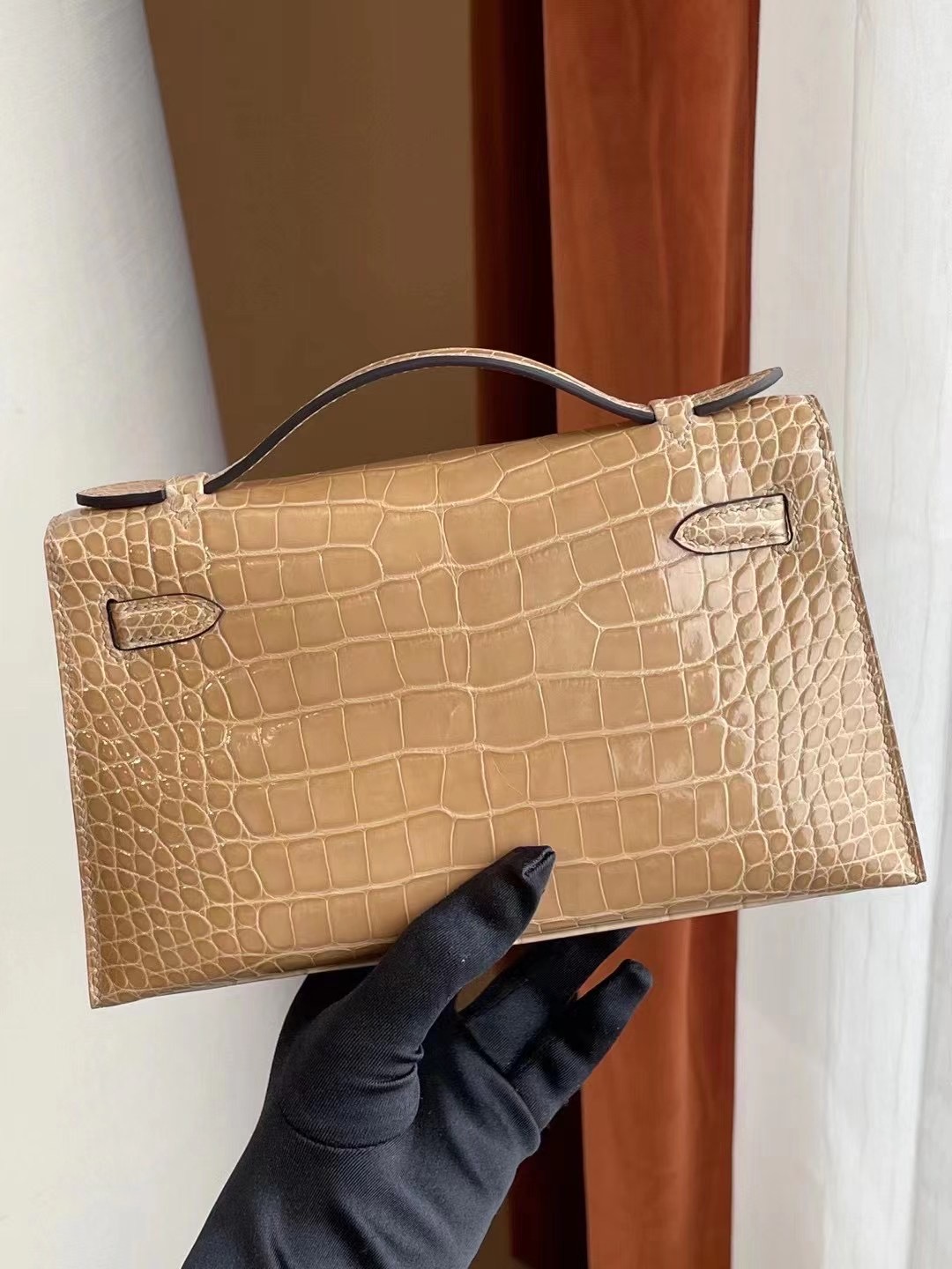 Dubai Hermes MiniKelly Pochette 14 Beige 杏色 亮面美洲鱷魚