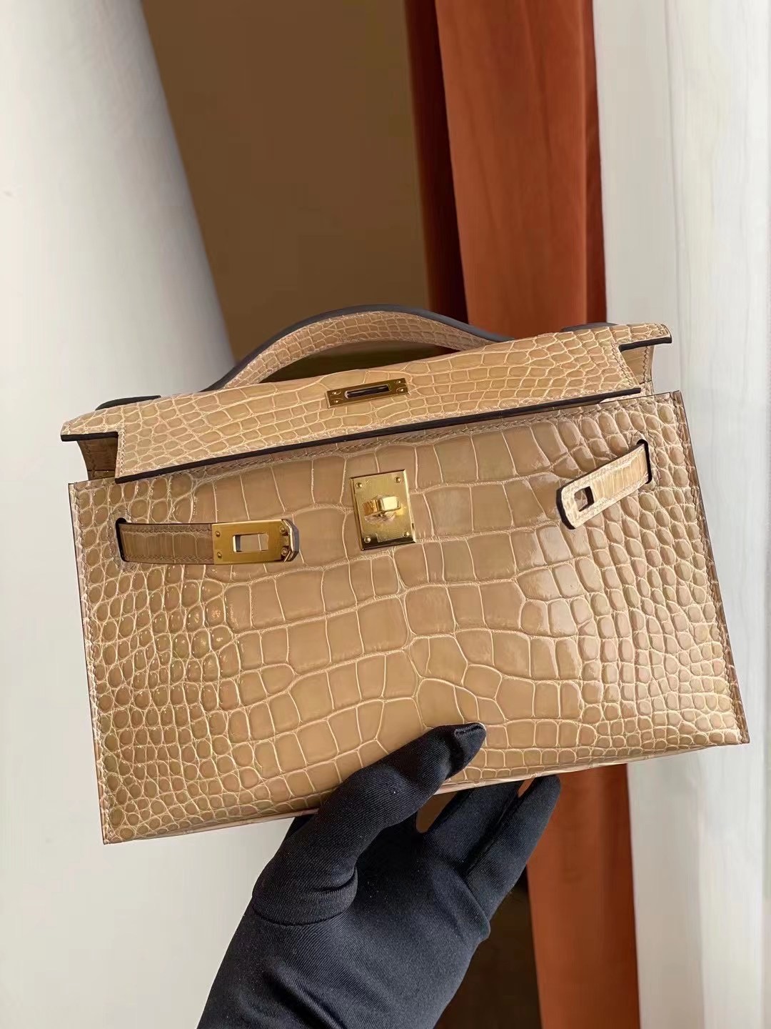 Dubai Hermes MiniKelly Pochette 14 Beige 杏色 亮面美洲鱷魚