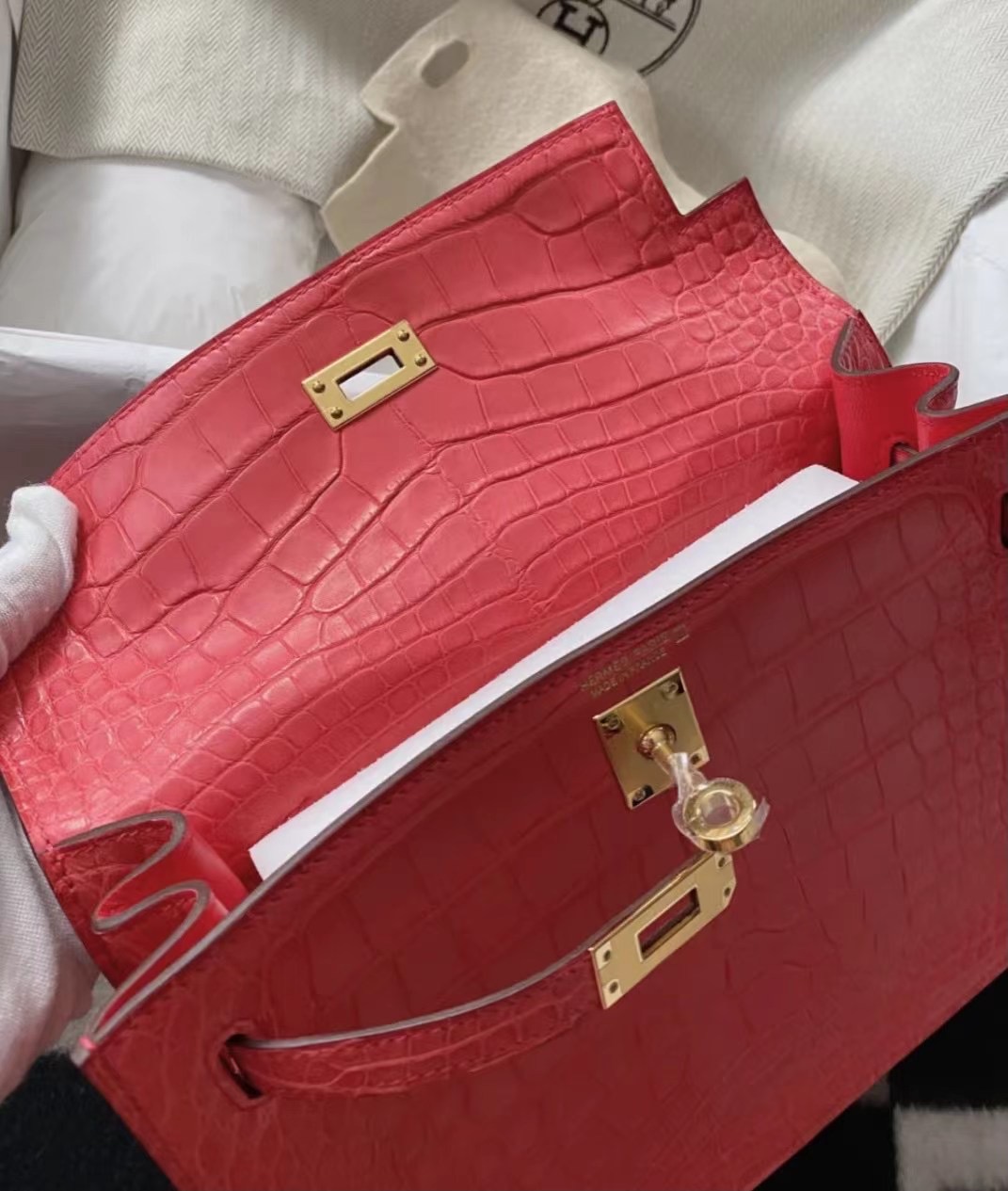 Hermes Kelly Danse A5 Bouganinviller 杜鵑紅 霧面方塊美洲鱷魚