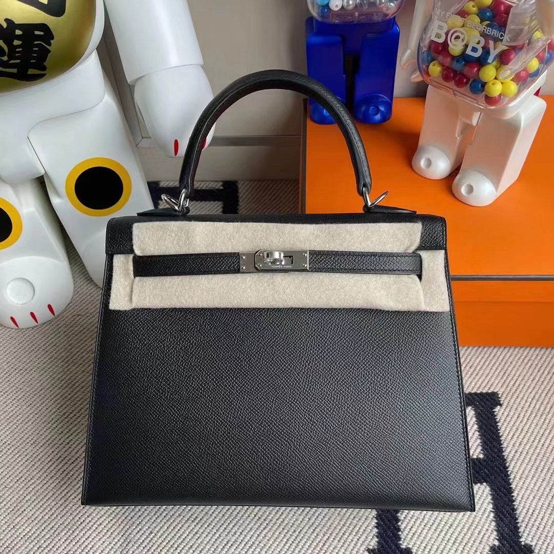 愛馬仕外縫凱莉包 Hermès Kelly 25cm 89 Noir 黑色 Epsom 原廠禦用掌紋牛皮 银扣