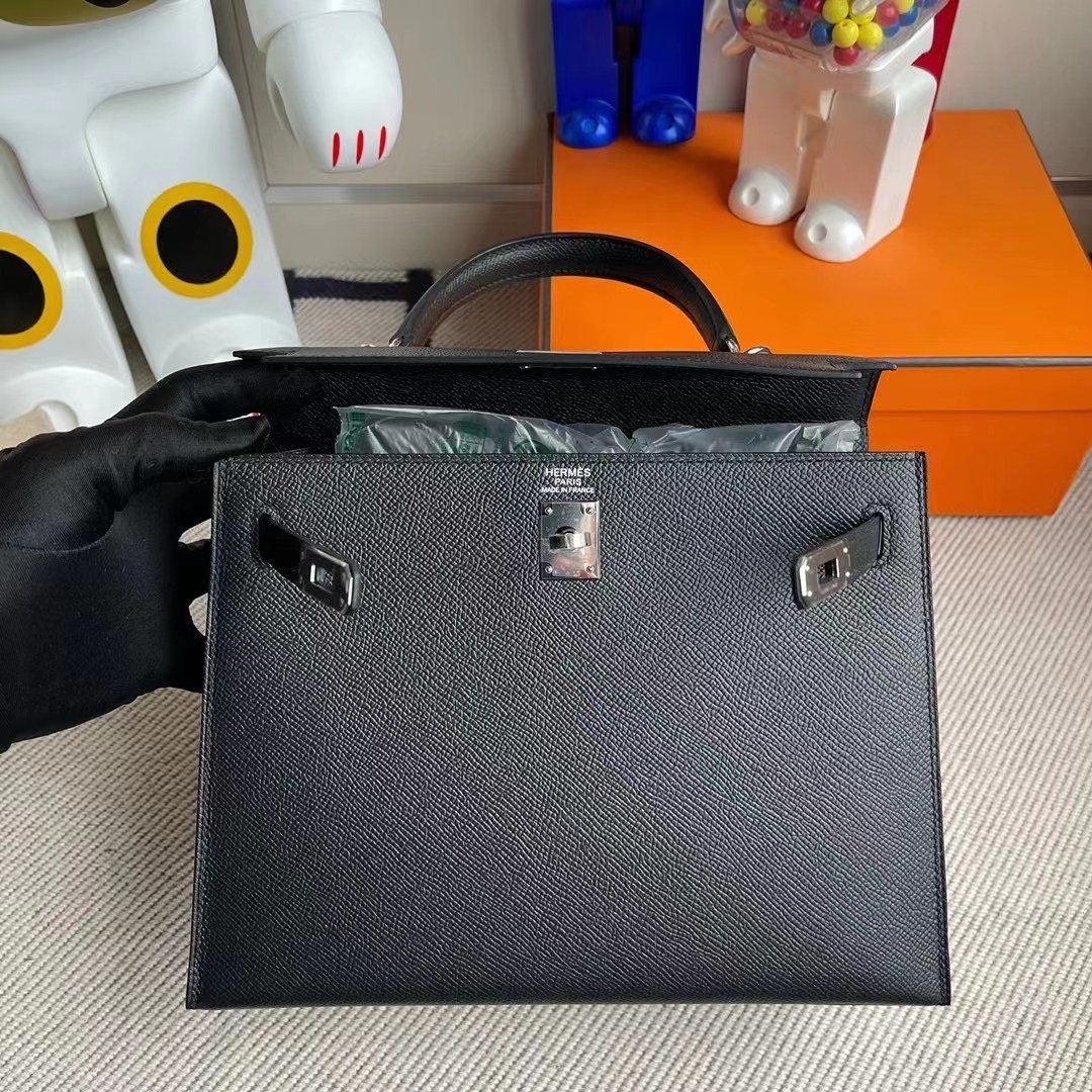 愛馬仕外縫凱莉包 Hermès Kelly 25cm 89 Noir 黑色 Epsom 原廠禦用掌紋牛皮 银扣