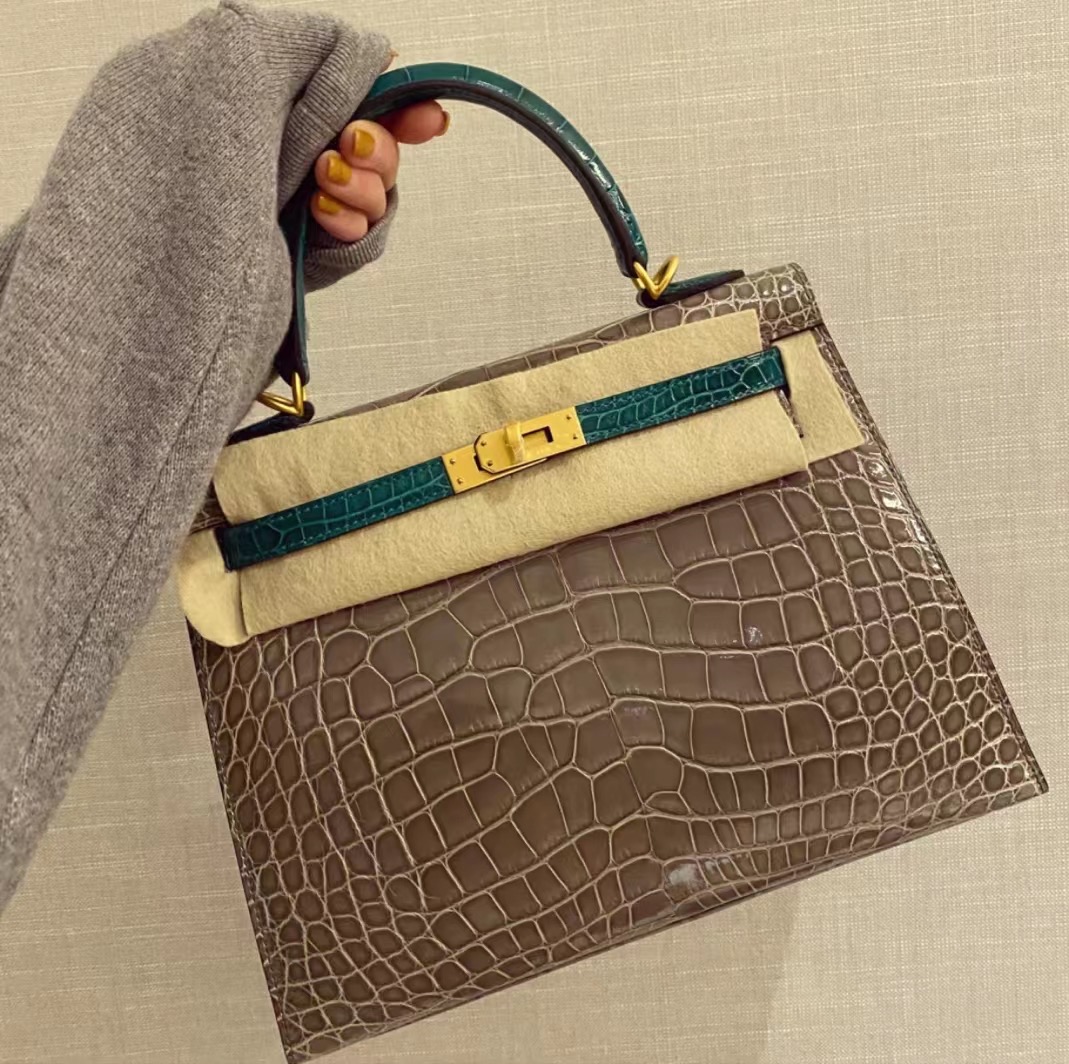 Hermes Kelly 25cm 81 Gris Tourterelle 斑鳩灰拼6Q翡翠綠 Vert emeraude