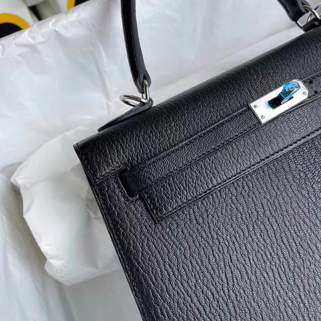 Saudi Arabia Hermes Kelly 25cm Chevre Mysore CK89 Noir 黑色 銀扣