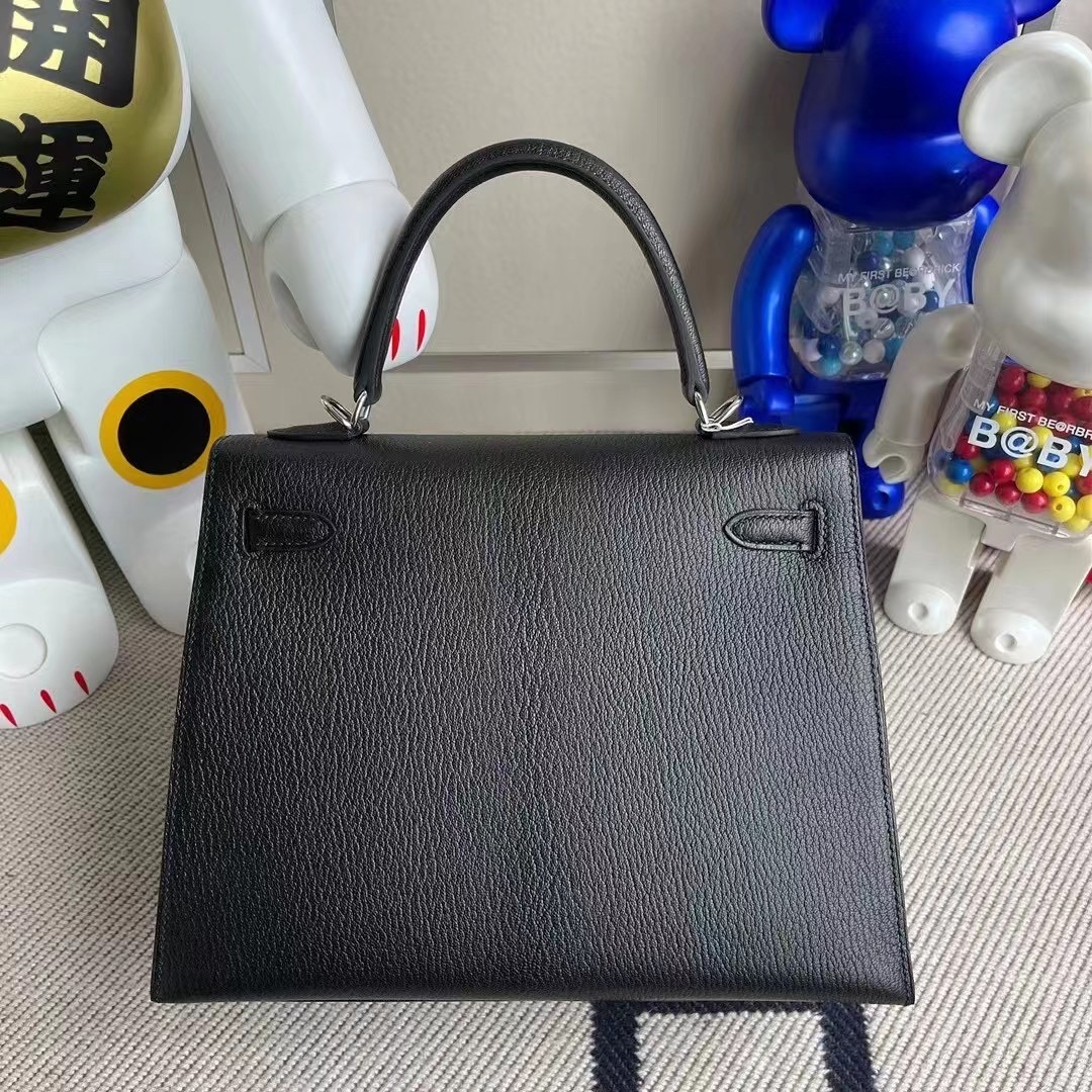 Saudi Arabia Hermes Kelly 25cm Chevre Mysore CK89 Noir 黑色 銀扣