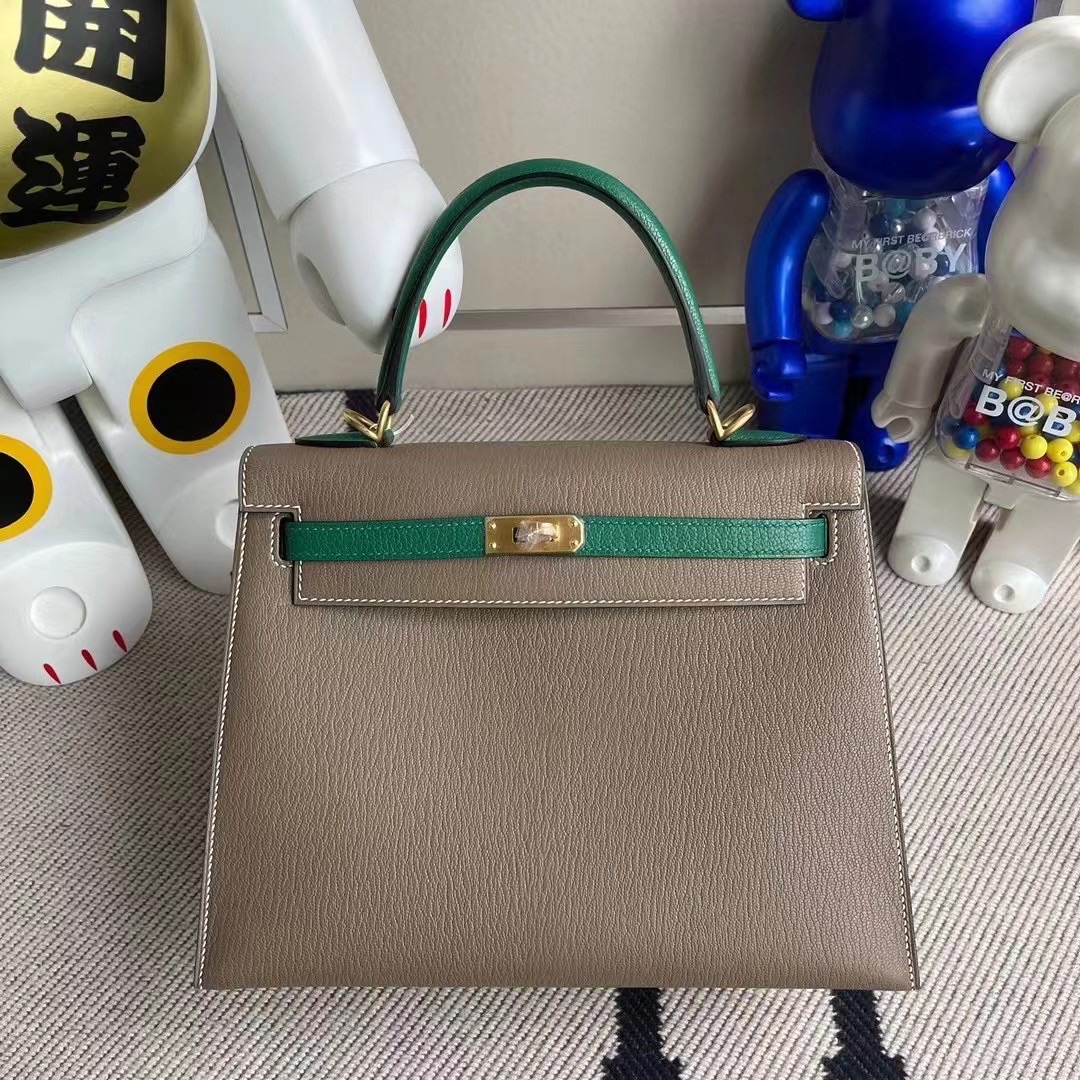 Hermes Kelly 25 Chevre 18 Etoupe 大象灰 拼 U4 絲絨綠 Vert Verigo 拉絲金扣