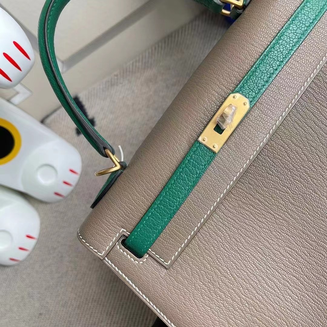 Hermes Kelly 25 Chevre 18 Etoupe 大象灰 拼 U4 絲絨綠 Vert Verigo 拉絲金扣