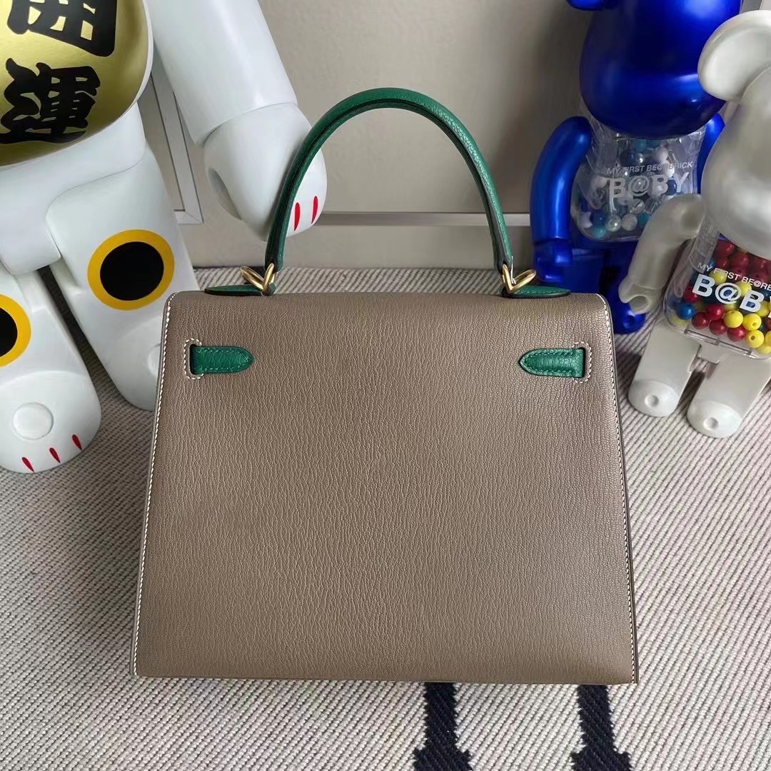 Hermes Kelly 25 Chevre 18 Etoupe 大象灰 拼 U4 絲絨綠 Vert Verigo 拉絲金扣