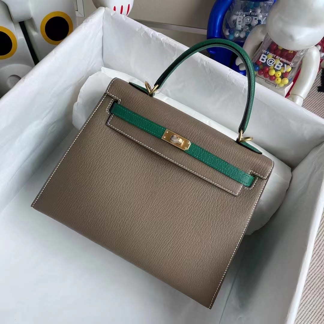 Hermes Kelly 25 Chevre 18 Etoupe 大象灰 拼 U4 絲絨綠 Vert Verigo 拉絲金扣