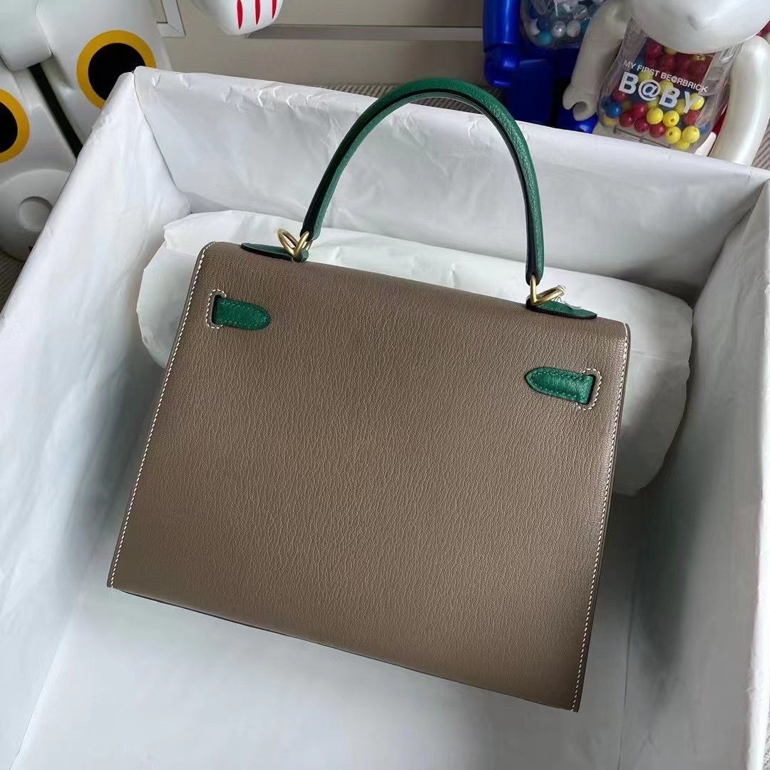 Hermes Kelly 25 Chevre 18 Etoupe 大象灰 拼 U4 絲絨綠 Vert Verigo 拉絲金扣