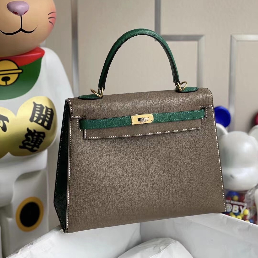 Hermes Kelly 25 Chevre 18 Etoupe 大象灰 拼 U4 絲絨綠 Vert Verigo 拉絲金扣