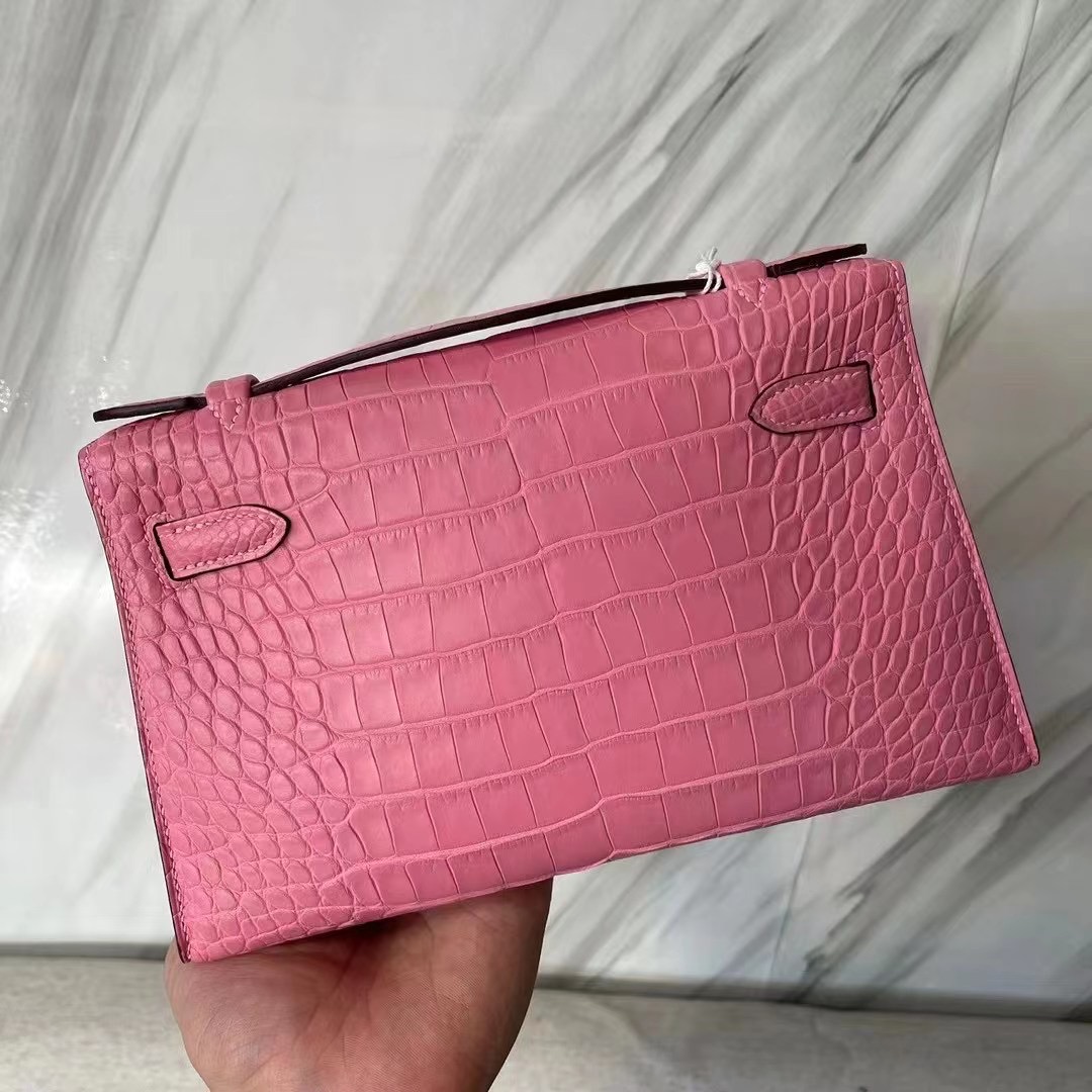 Hermes MiniKelly Pochette 霧面美洲鱷魚 5P bubblegum pink 櫻花粉 金扣