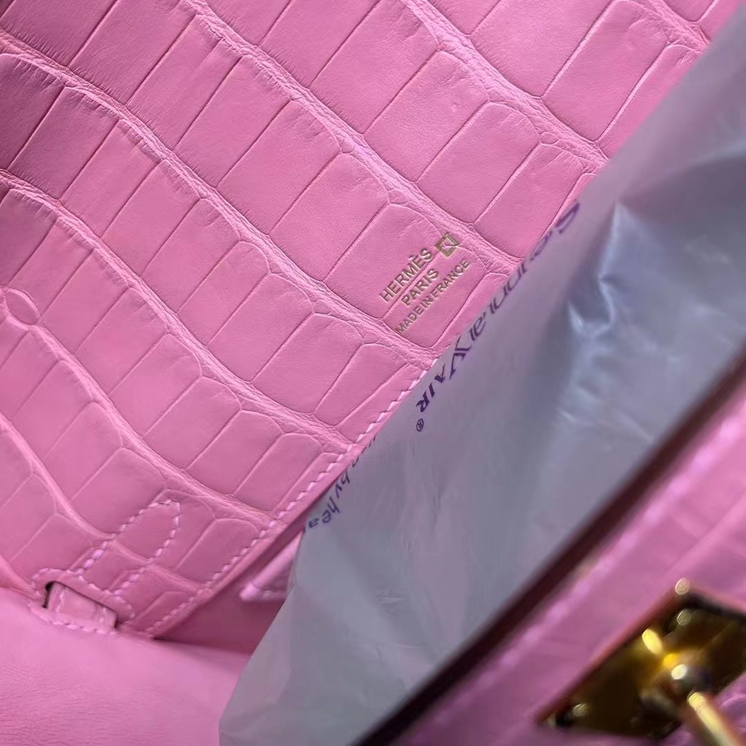 Hermes MiniKelly Pochette 霧面美洲鱷魚 5P bubblegum pink 櫻花粉 金扣