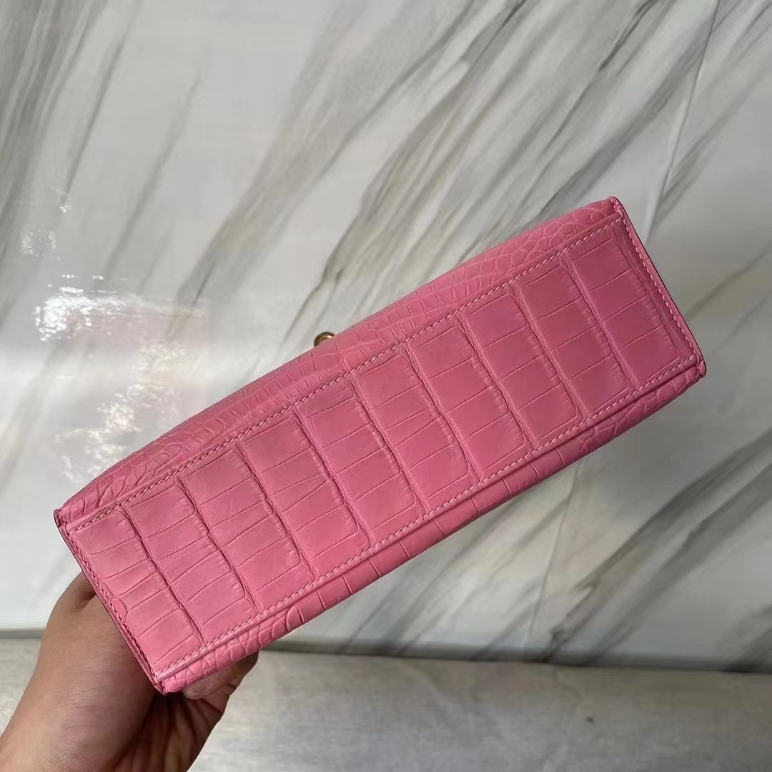 Hermes MiniKelly Pochette 霧面美洲鱷魚 5P bubblegum pink 櫻花粉 金扣