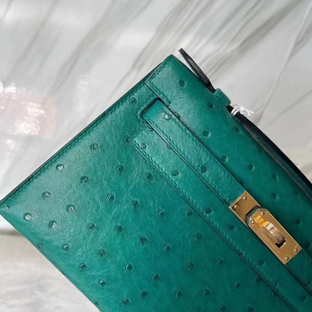 Hermes MiniKelly Pochette Ostrich 鴕鳥皮 Z6 孔雀綠 Malachite 金扣