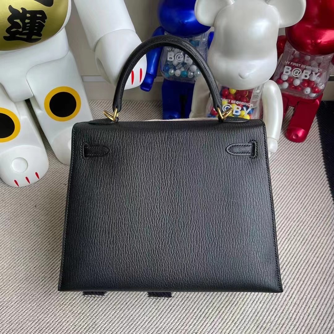 Hermes Kelly 25cm Chevre Mysore 89 Noir 黑色內拼 Q5 Rose casaque 拉絲金扣