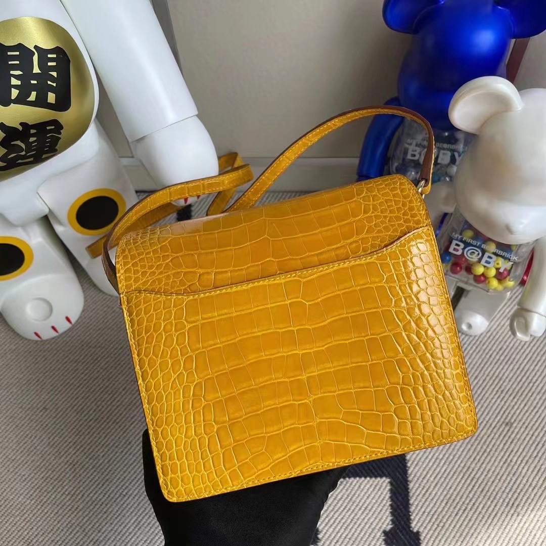 Hermes Roulis Mini 18cm 亮面美洲鱷魚 9D Jaune Amber 琥珀黃 淺金扣