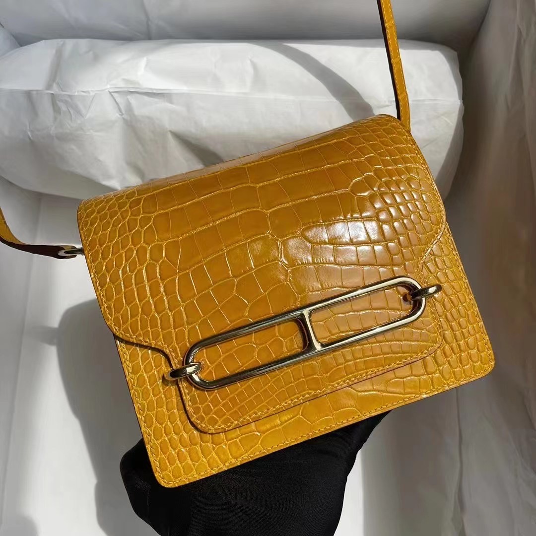 Hermes Roulis Mini 18cm 亮面美洲鱷魚 9D Jaune Amber 琥珀黃 淺金扣