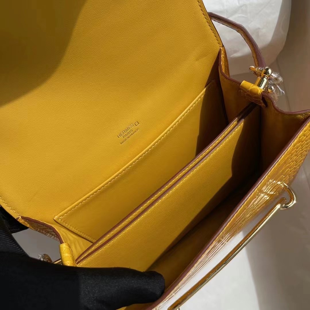 Hermes Roulis Mini 18cm 亮面美洲鱷魚 9D Jaune Amber 琥珀黃 淺金扣