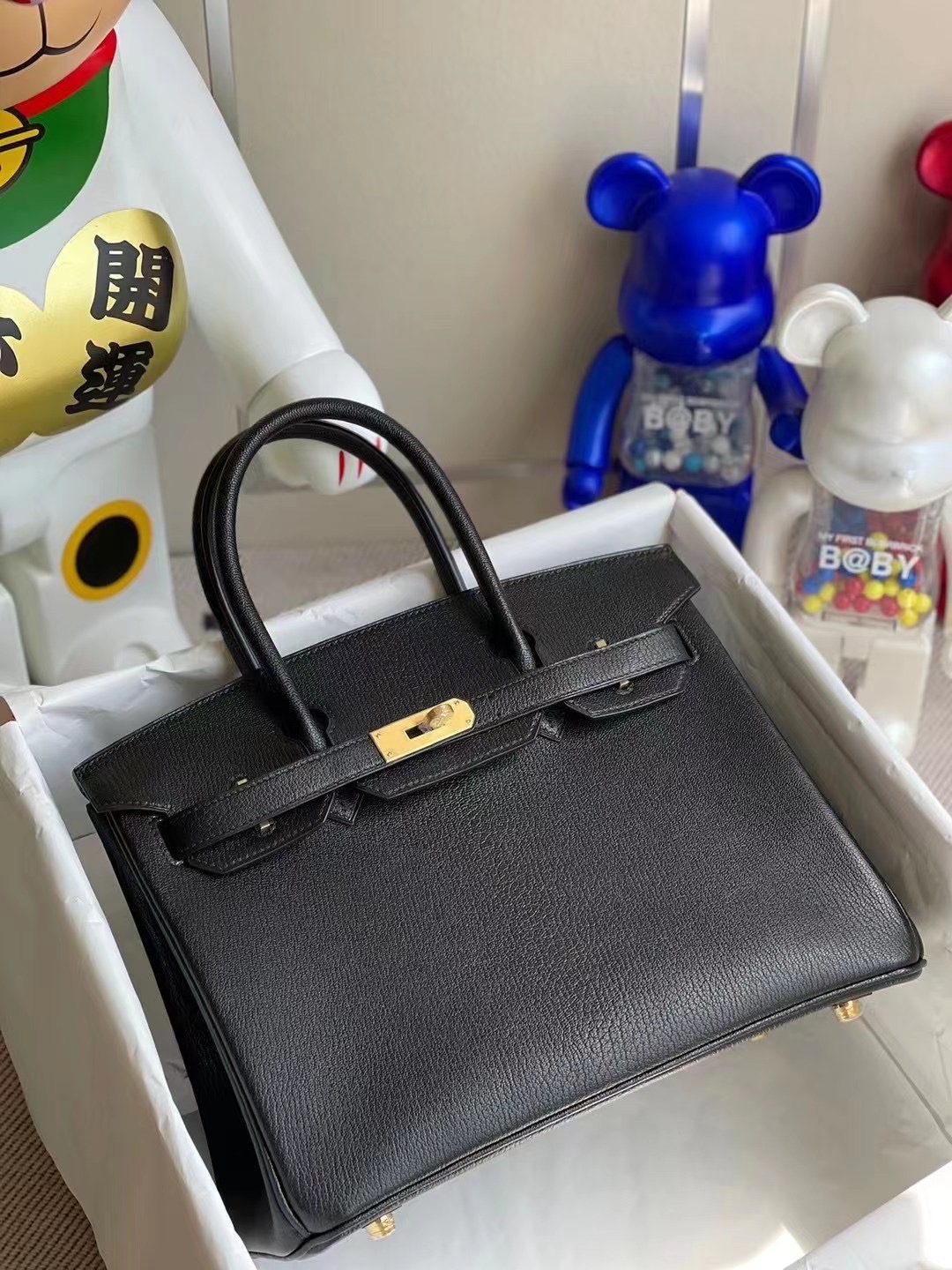 Hermes Birkin 30cm Chevre Mysore 89 Noir 黑色拼I6 Rose Extreme 磨砂金扣