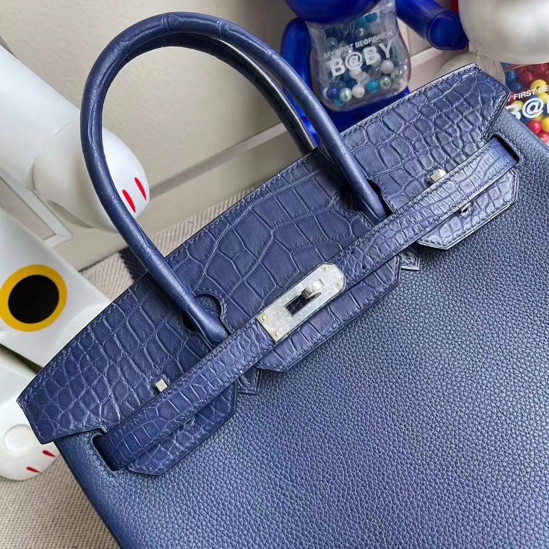 愛馬仕鉑金女包多少錢 Hermes Birkin 30 Touch 73 Bleu Saphir Togo拼美洲鱷魚