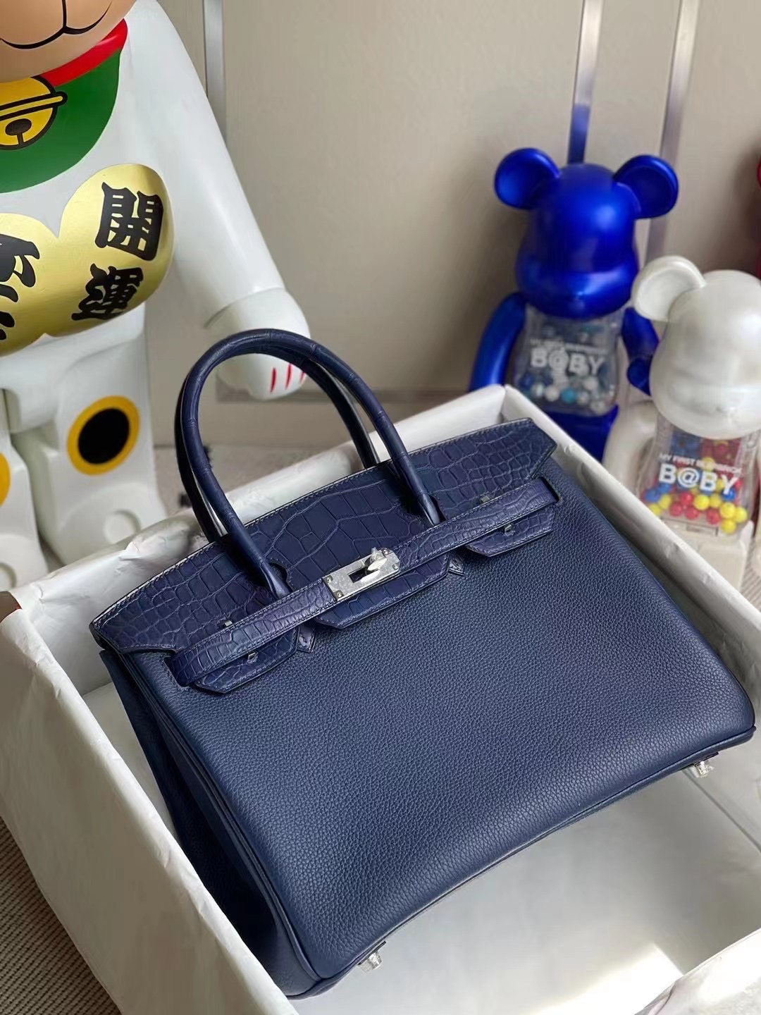 愛馬仕鉑金女包多少錢 Hermes Birkin 30 Touch 73 Bleu Saphir Togo拼美洲鱷魚