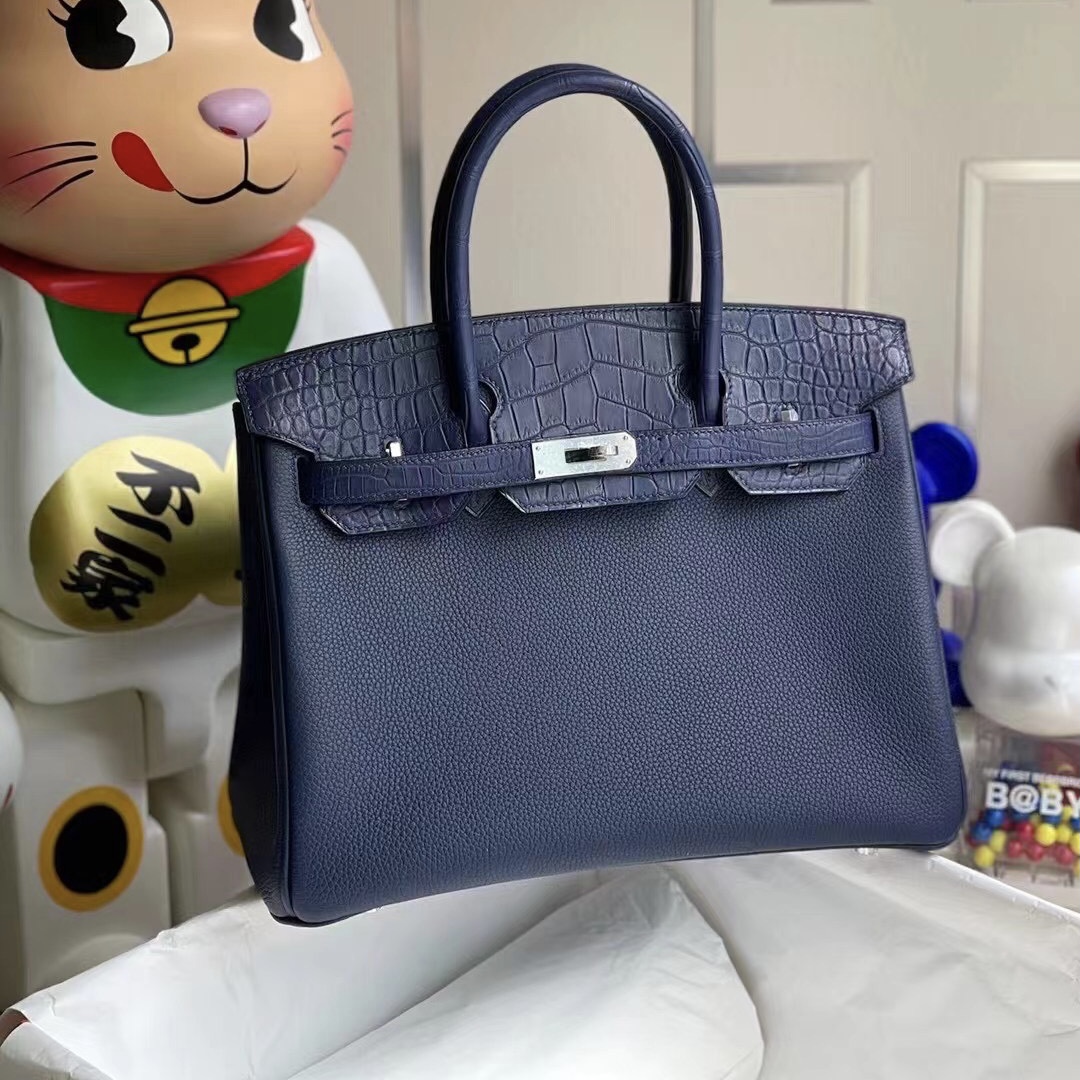 愛馬仕鉑金女包多少錢 Hermes Birkin 30 Touch 73 Bleu Saphir Togo拼美洲鱷魚